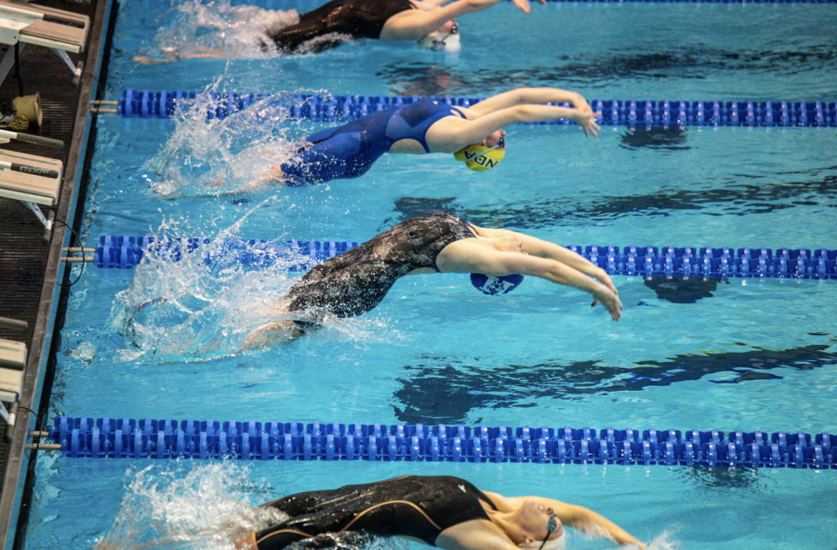 A Highlands Swimmer Gets great jump on the backstroke.